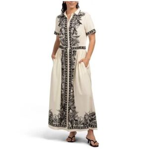 Max Studio London linen Shirt Maxi Dress cream w/floral print Small